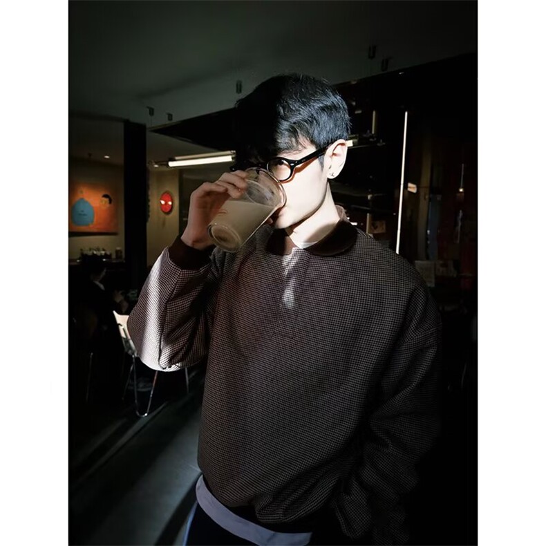 秋季复古千鸟格撞色拼接Polo领条纹衫休闲长袖T恤卫衣WYX79,男装Polo衫,星座516A