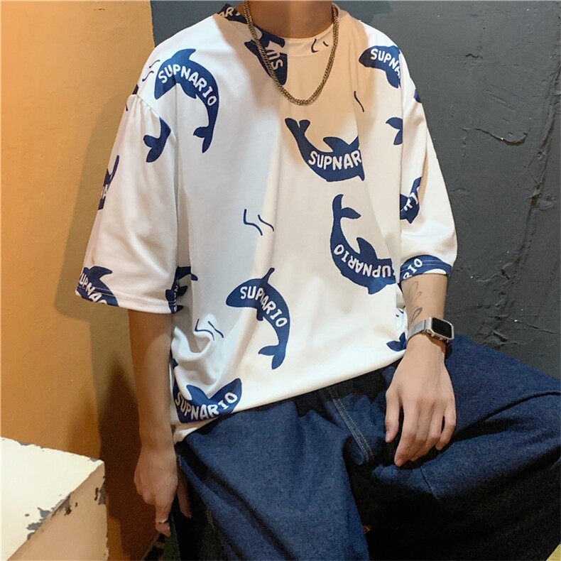 圆领字母印花ins原宿海豚印花短袖t恤男士宽松夏季新款T297-P22,男装T恤,星座512-2