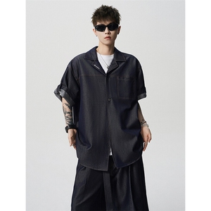8XL-M 夏季简约高级感冰丝牛仔古巴领男休闲痞帅宽松套装潮TZ109图片