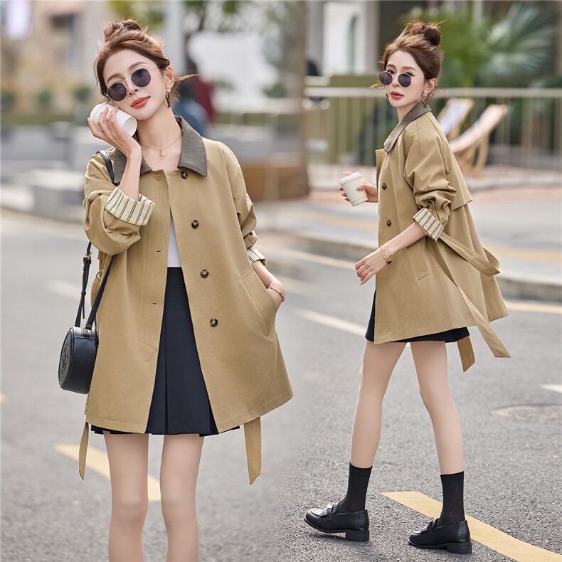 英伦老钱风翻领条纹撞色带腰带小个子中长款风衣,女装风衣,采品优优
