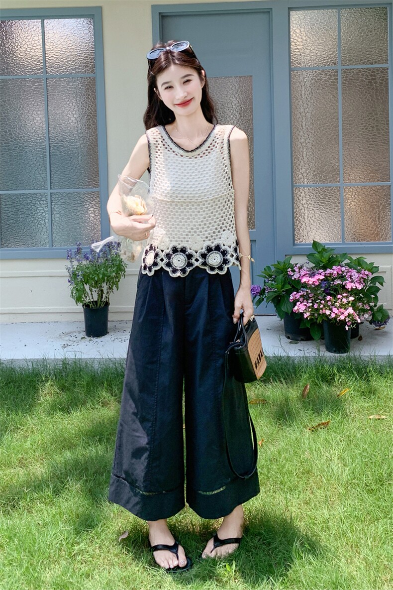 法式高级感时尚镂空背心套装裙女2025夏季气质显瘦阔腿裤两件套潮,女装套装/套裙,2C135