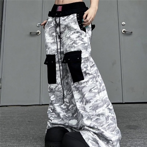 美式复古扎染印花休闲阔腿裤女新款宽松显瘦垂感高腰拖地牛仔长裤图片