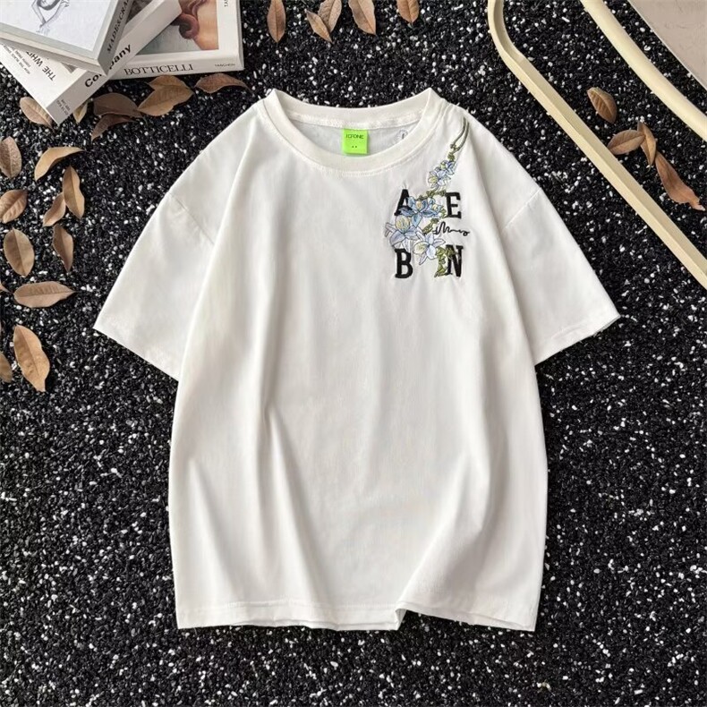 藤蔓花卉刺绣短袖T恤男美式潮牌设计感高街复古夏季体恤GA179 P34图片