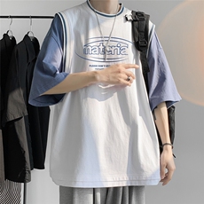 港风假两件拼色纯棉夏季新款短袖T恤宽松新潮T6602P40控58，男装T恤，电商A268A