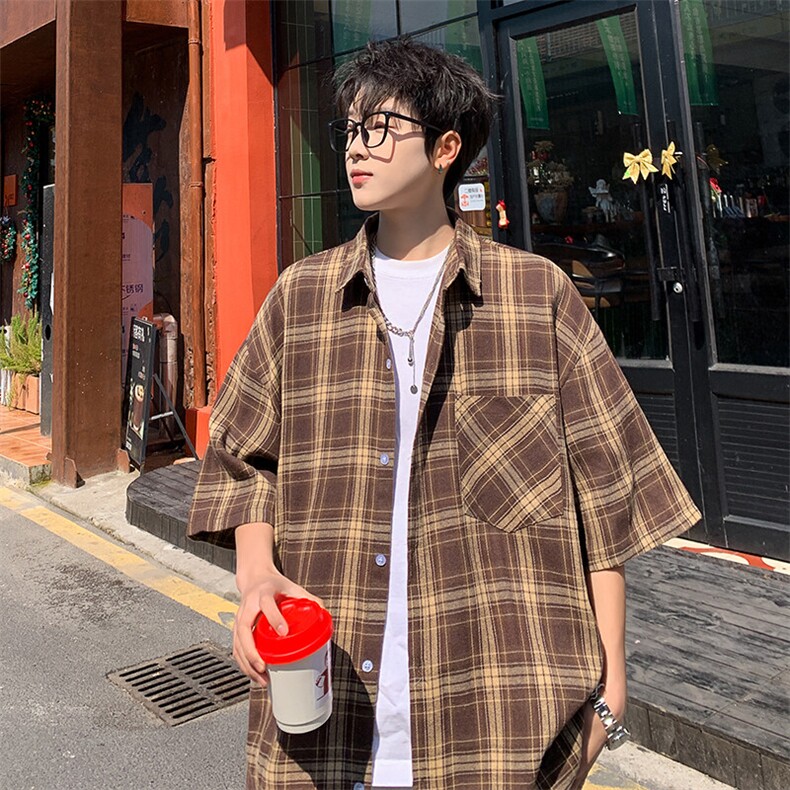 短袖衬衫男夏季新款磨毛格子衬衣DX711-特批25 无差价图片