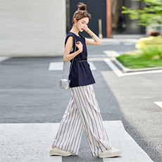 时尚条纹阔腿裤两件套女2025新款夏季无袖背心轻熟风休闲气质套装，女装套装/套裙，韩宇舍