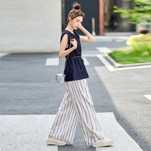 时尚条纹阔腿裤两件套女2025新款夏季无袖背心轻熟风休闲气质套装图片