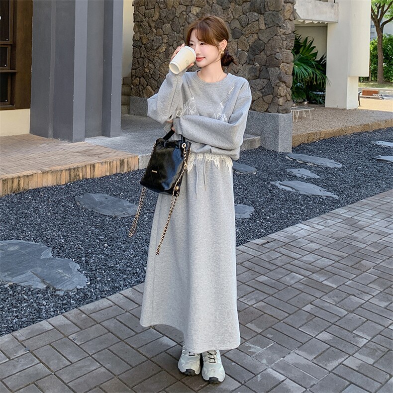 韩版时尚蕾丝拼接圆领卫衣套装女2025春秋季新款显瘦半身裙两件套图片