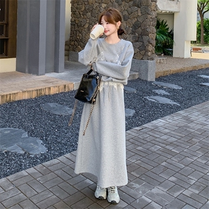 韩版时尚蕾丝拼接圆领卫衣套装女2025春秋季新款显瘦半身裙两件套图片