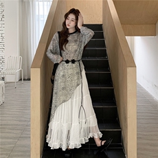 秋季半身裙长袖雪纺衫时尚两件套女，女装套装/套裙，秋水欣儿