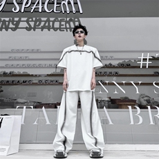 1506-1/TJ1701/P75撞色手绘线条短袖休闲阔腿长裤套装二件套1，男装T恤，星座1506-1