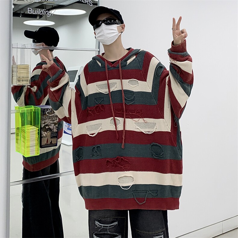 秋款男连帽卫衣条纹拼色破洞夹克休闲外套WY615P55,男装卫衣,星座1013-1