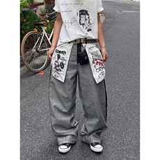 美式复古反穿口袋设计拼接牛仔裤印花男女款通勤小众百搭拖地长裤，男装牛仔裤，星座506A