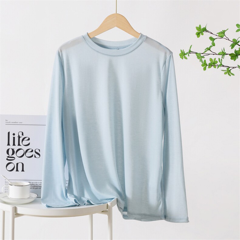 简约舒适休闲百搭莱赛尔天丝钉扣圆领打底衫长袖，女装蕾丝衫/雪纺衫，昭美羊绒