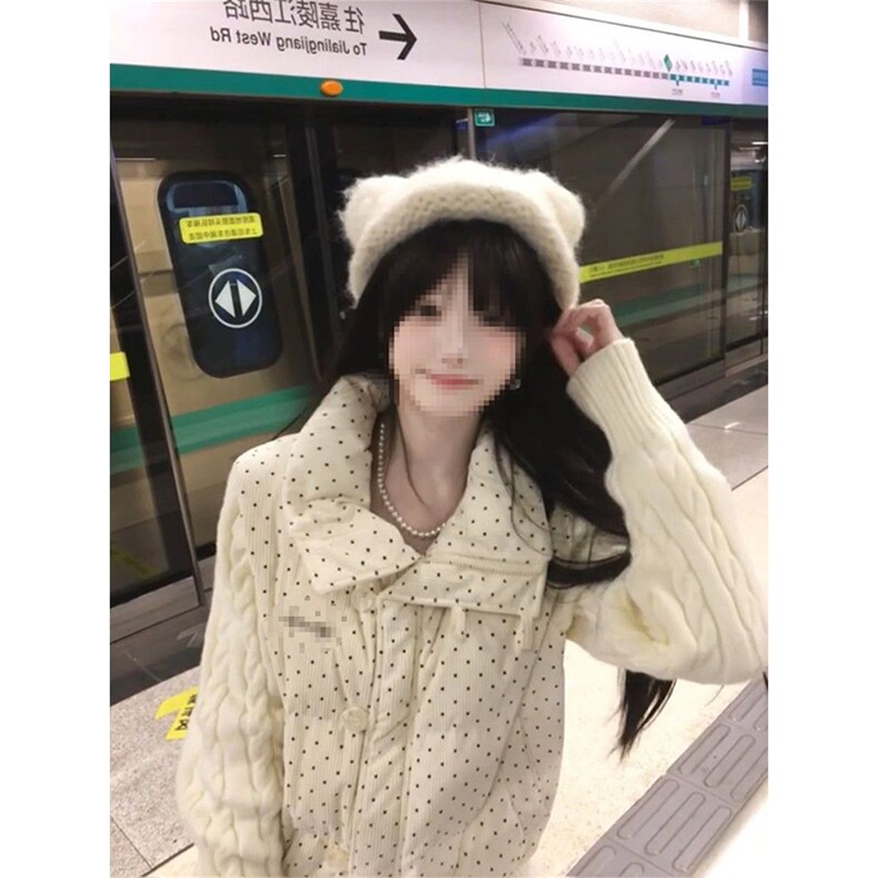 1506A/G78680/P92新款温柔甜妹风杏色波点拼接针织棉服,男装棉衣,星座1506A