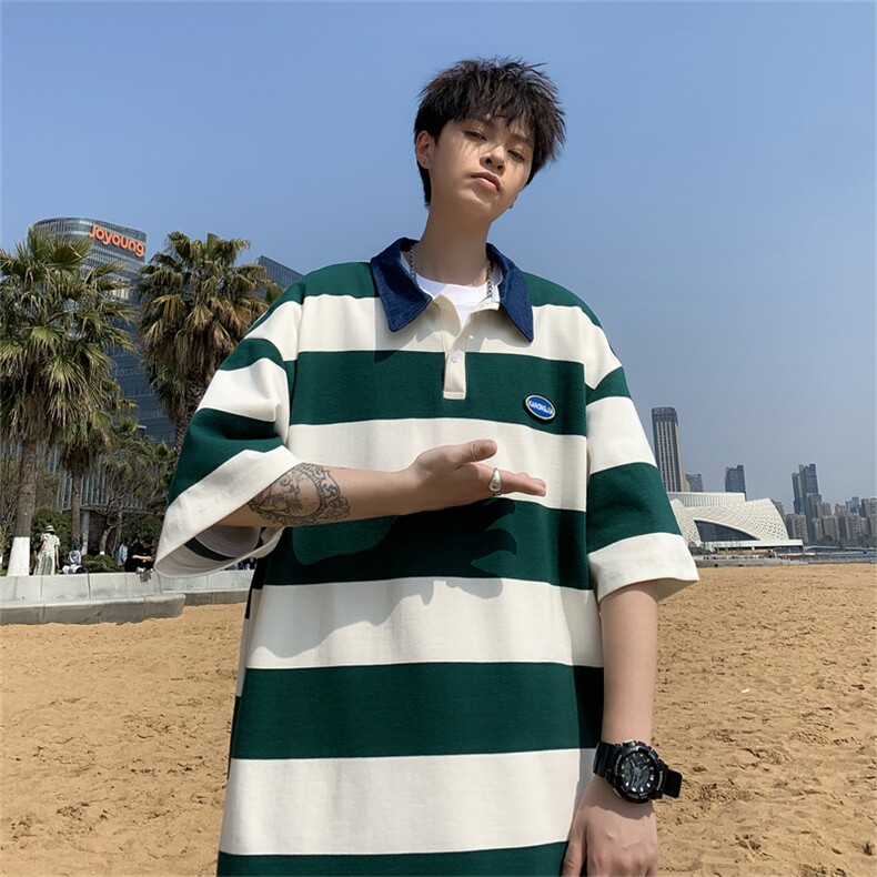 T13-P30夏季条纹拼色牛仔领poloT恤图片