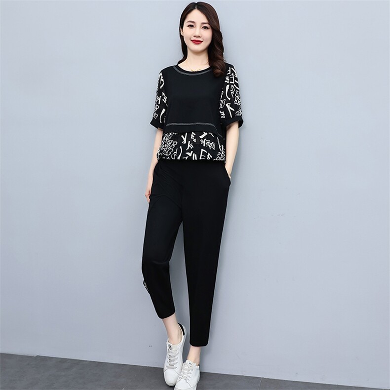 时尚休闲套装2022夏季新款韩版宽松大码女装两件套裤子,女装套装/套裙,素月