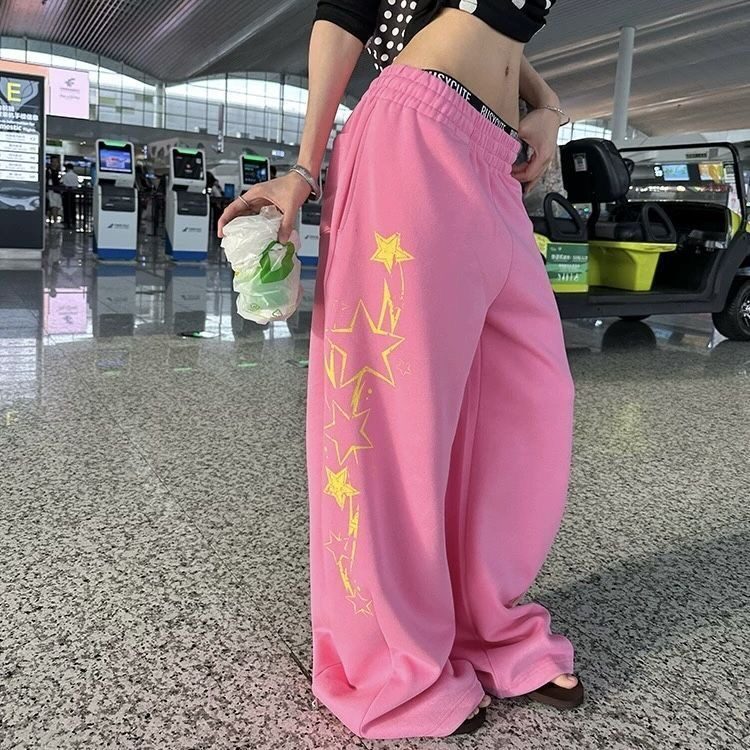 秋款男女卫裤星星字母印花抽绳阔腿百搭垂感拖地长裤h5344P53,男装休闲裤,星座1013-1