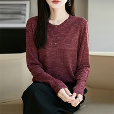 秋季新款纯色针织圆领带扣套头上衣，女装针织衫/毛衣，朝贺羊绒