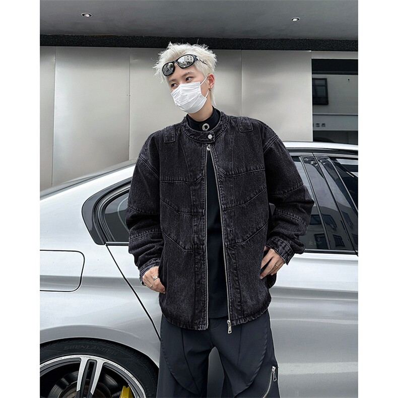 复古立领拉链牛仔外套解构设计水洗做旧夹克机车服男JK8096-P75,男装夹克,星座308B-1