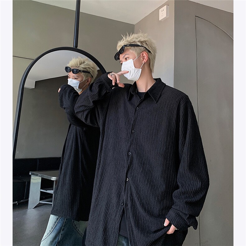 主推肌理感小众设计感纯色衬衫外套男秋季ins潮流港风衬衣P48,男装衬衫,电商C306-1