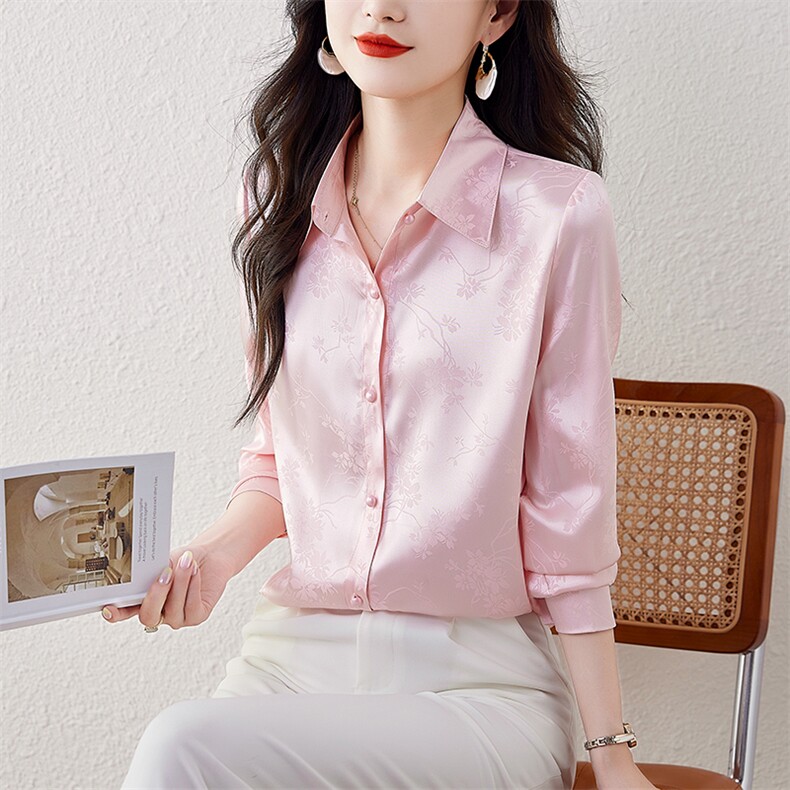 2024新款POLO领薄款衬衫女宽松提花气质中式风复古衬衣开衫,女装衬衫,梦白服饰厂