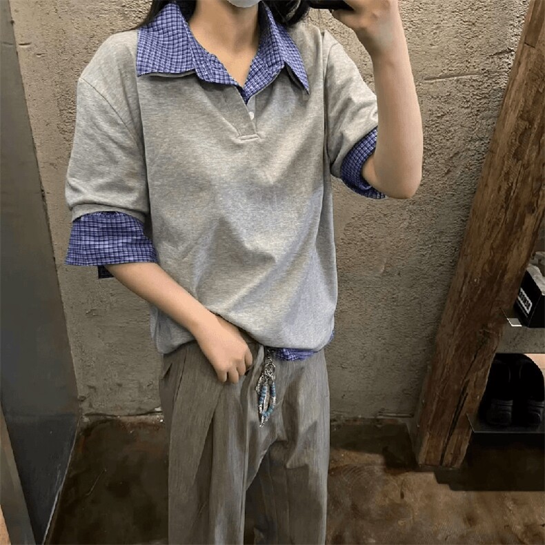得物抖音高品质二开夏季美式潮牌高街假两件格子衬衣翻领短袖T恤,男装T恤,电商A486