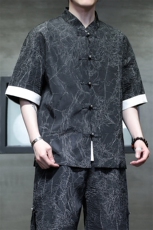 2025春季新款男装新中式衬衣风纹理盘扣拼接短袖衬衫C98-P60，男装衬衫，电商B277(原6028)