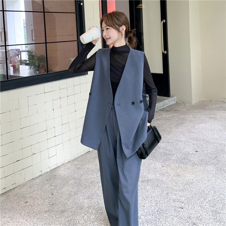 蓝色轻熟风极简西装马甲套装女2025秋新款高级感高腰阔腿裤两件套,女装套装/套裙,2C210
