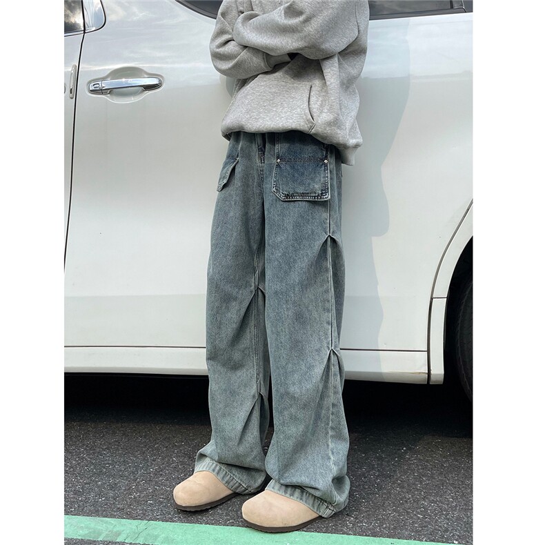 美式复古蓝宽松直筒牛仔裤男褶皱设计5 XZ502-K775-P55 控79图片