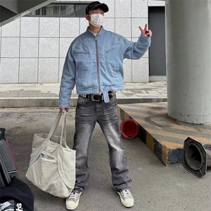 潮美式褶皱烟黑闪电水洗牛仔裤微弹青少年直筒长裤K70836-P45网图图片