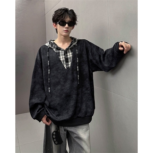 WY10150-特批50控98新款小众撞色拼接格子假两件大帽子卫衣