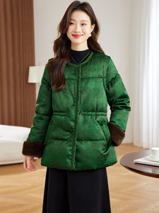 今年流行新年红国风提花羽绒服女2025冬季新款拼接毛绒收腰防寒服图片