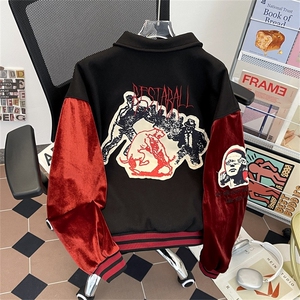 黑男美式复古撞色拼接夹克棒球服男女高街vibe贴布绣宽松情侣外套