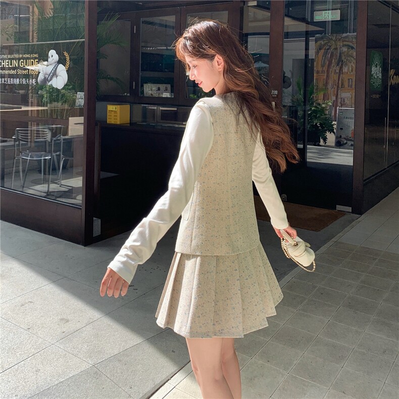 碎花西装马甲百褶短裙套装女2025春秋季新款学院风减龄显瘦两件套,女装套装/套裙,秋水欣儿