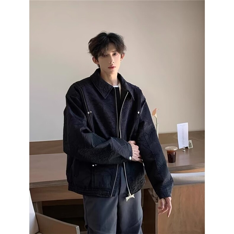 cleanfit肌理感短款外套男秋季男生穿搭夹克翻领褶皱美式棒球服男,男装夹克,星座715-4