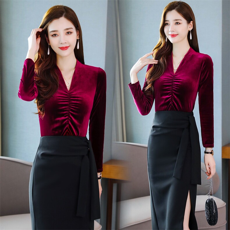 2021年秋季潮流简约时尚百搭纯色V领长袖修身褶皱蕾丝衫/雪纺衫，女装蕾丝衫/雪纺衫，盈茜