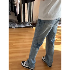 美式闪电纹牛仔裤男秋冬高街修身显瘦窄版直筒裤子高腰提档微喇裤，男装牛仔裤，星座1007（原301D）