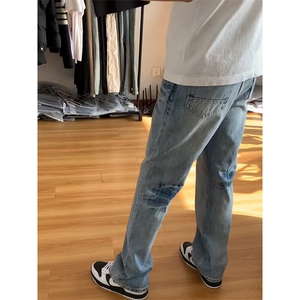 美式闪电纹牛仔裤男秋冬高街修身显瘦窄版直筒裤子高腰提档微喇裤图片