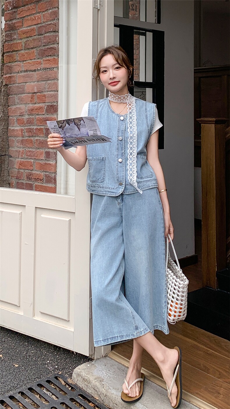 现货牛仔砂洗三件套(送蕾丝丝巾）白T+马甲+阔腿裤M26P175K238,女装套装/套裙,2C236