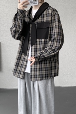 春夏新品原创小众设计感连帽系带长袖衬衫男士拼接格纹长袖衬衣潮，男装衬衫，电商B319