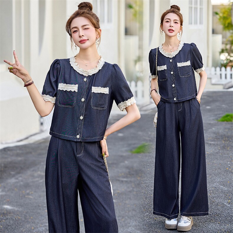 NAZ那子大码夏季新款小香风花边拼接牛仔上衣胖mm减龄半裙套装女,女装套装/套裙,悠米