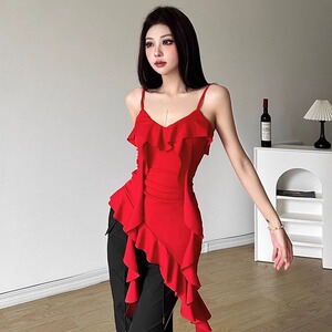 WEIRD PUSS 纯欲辣妹荷叶边拼接不规则吊带背心女显瘦无袖短上衣图片