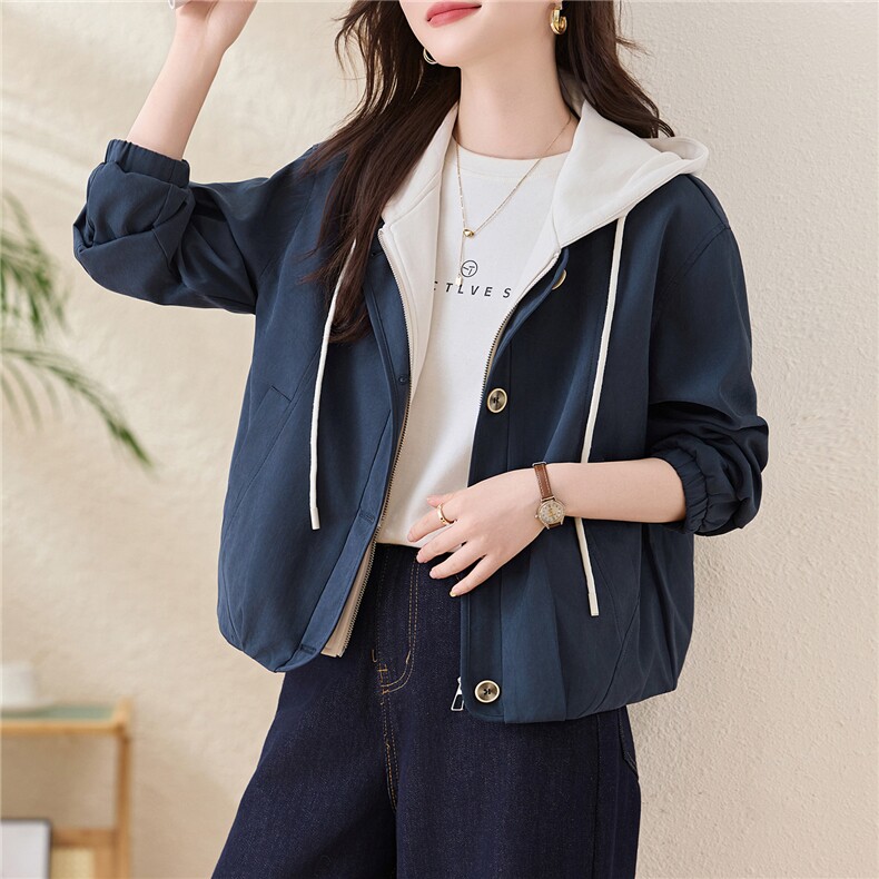 时尚撞色连帽假两件外套女2025秋季流行爆款宽松休闲显瘦夹克上衣,女装短外套,以桐
