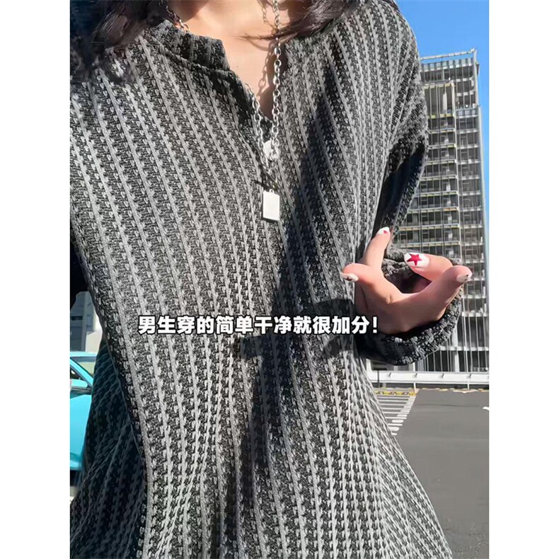 美式高街千鸟格子长袖T恤男女亨利V领英伦雅痞休闲宽松长袖打底衫，男装T恤，电商A486