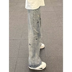 潮牌趣味小狗刺绣水洗牛仔裤男女夏季高街阔腿裤痞帅直筒长裤，男装牛仔裤，星座506A