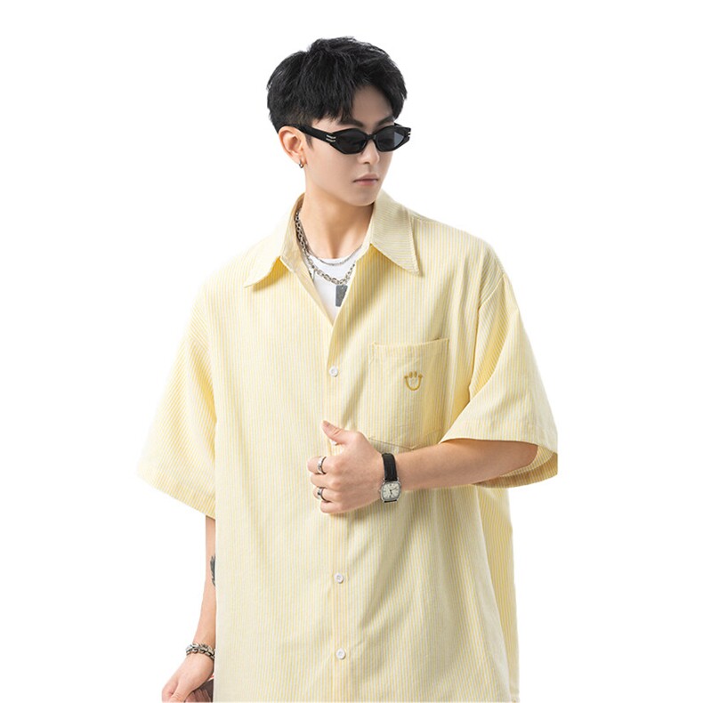 笑脸刺绣条纹短袖衬衫男xh101-特p38,男装T恤,电商B367