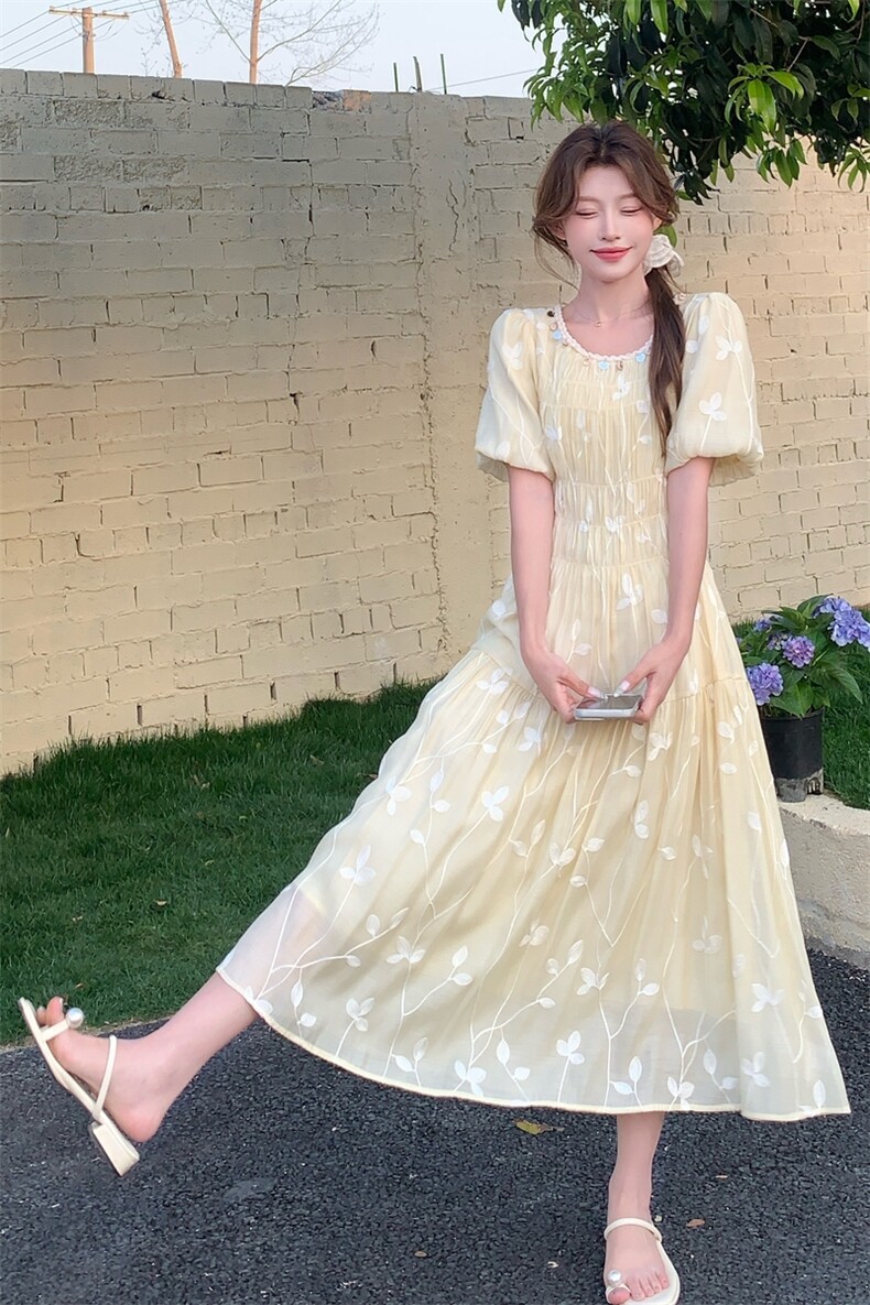 夏季新品！重工刺绣度假风甜美连衣裙85108黄色-208A-P130-K250，女装连衣裙，浙宝208A