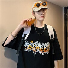 潮流嘻哈手绘涂鸦字母圆领短袖T恤宽松大码517A-1-T906-P28控38，男装T恤，星座517A-1
