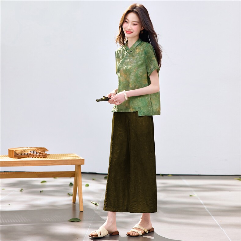 长期现货2026夏装新款时尚两件套装女提花新中式衬衫T阔腿腿裤女,女装套装/套裙,璐依舞